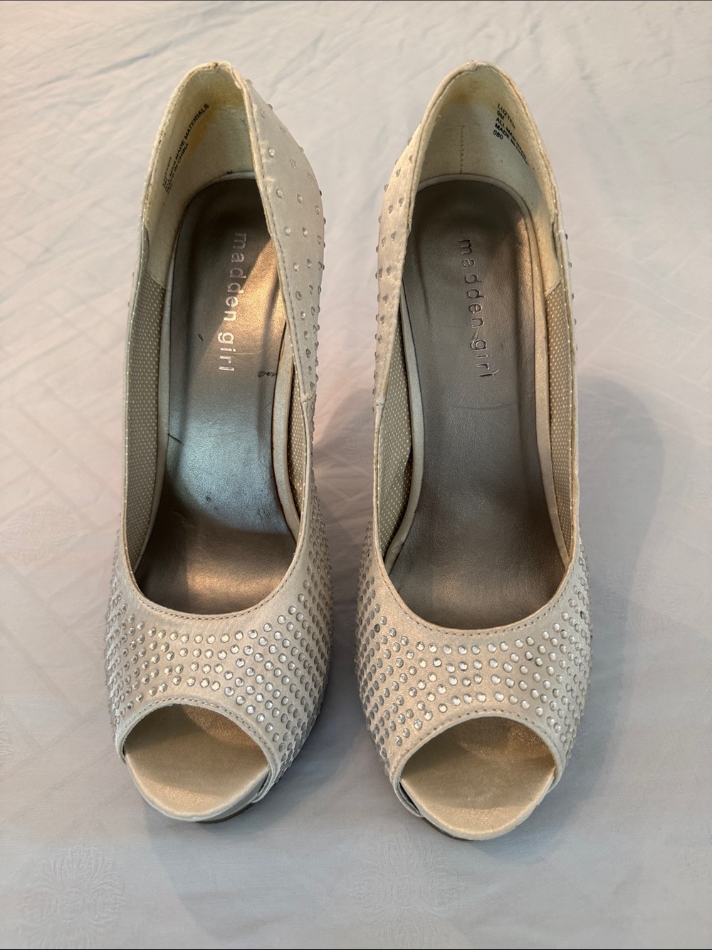 Madden Girl Silver Platform Peep-Toe Rhinestone Heels